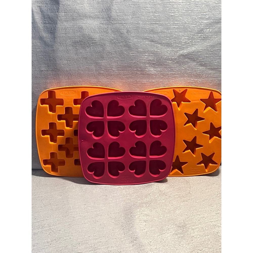 IKEA Silicone Ice Cube Tray Set of 3 Hearts Stars Plus Shapes Pink Orange Sweden